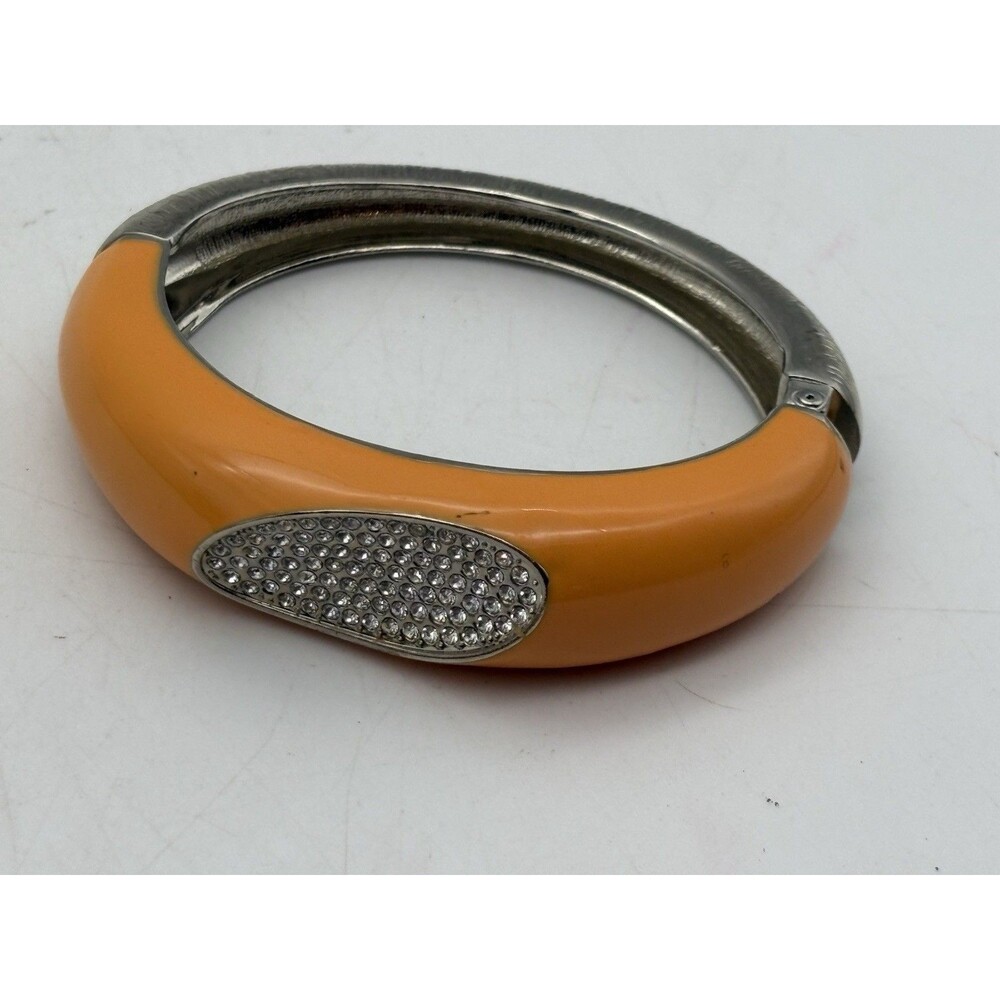 Orange Enamel Look Hinged Bangle Bracelet Silver Tone Rhinestone Accent